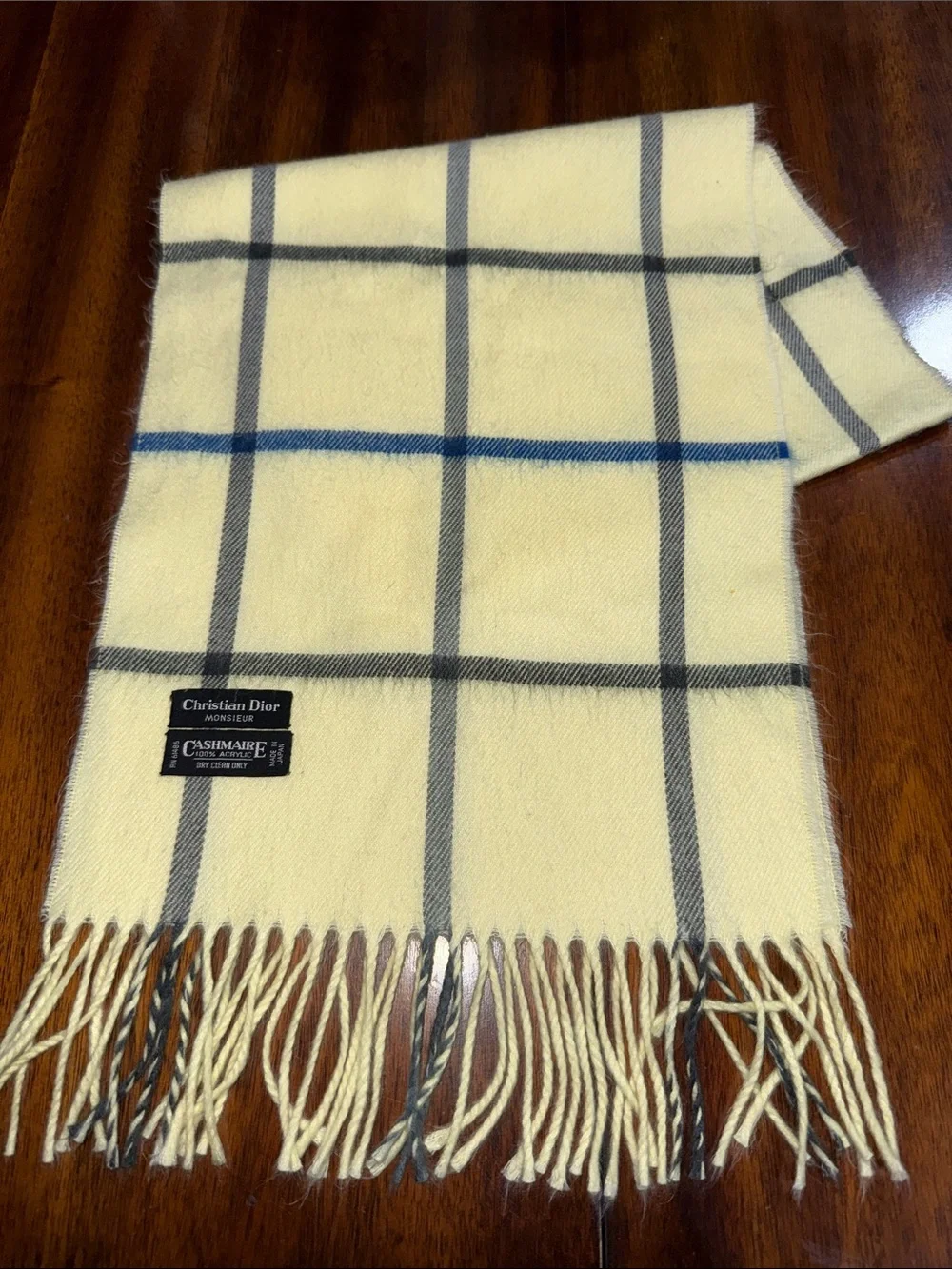Christian Dior Cashmere Plaid Fringe Scarf